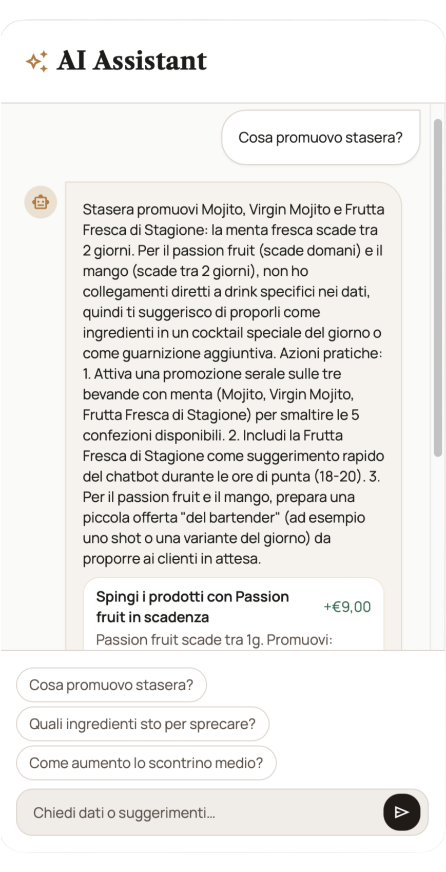 Interfaccia AI Assistant con suggerimenti operativi per il ristorante