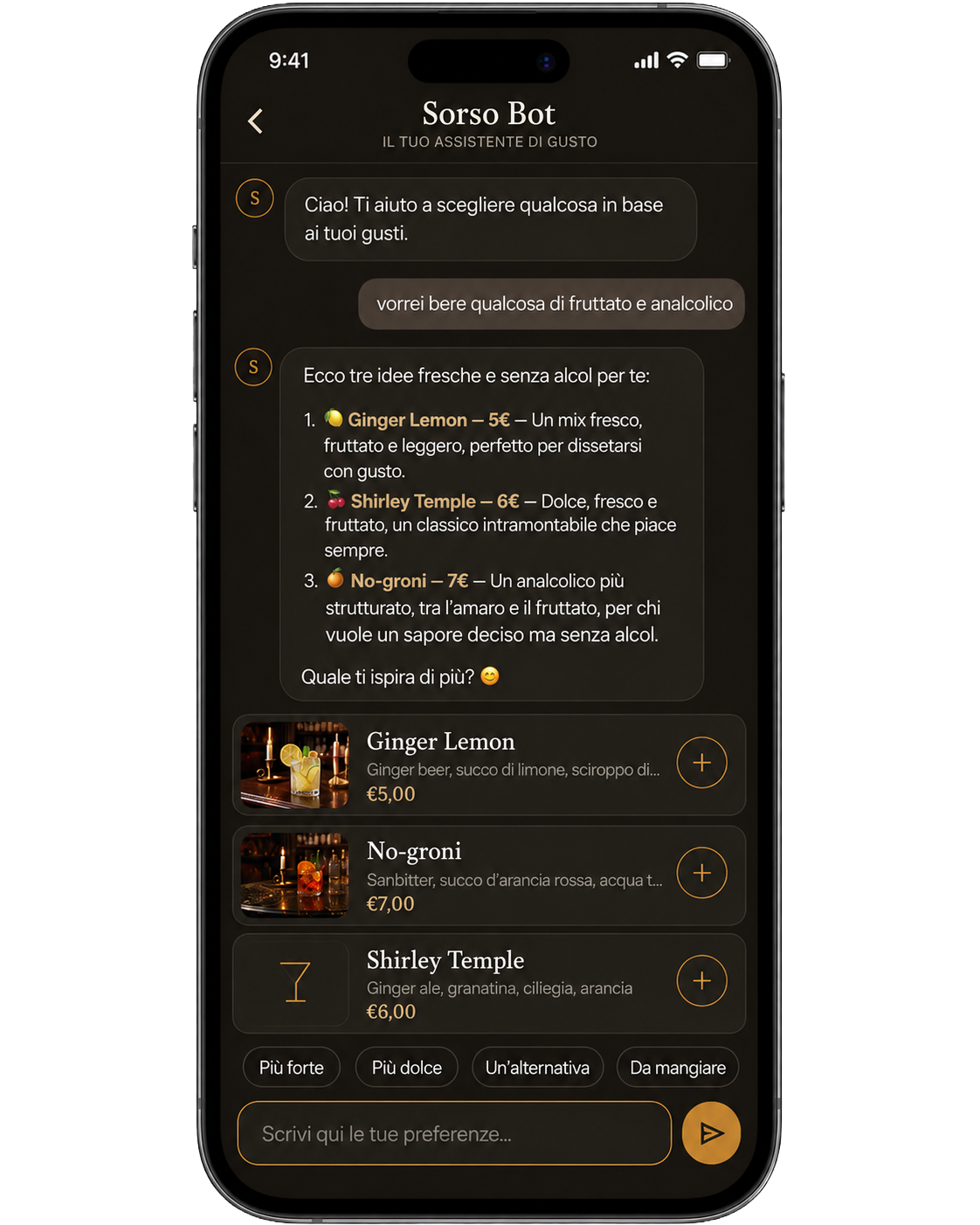 Conversazione del chatbot Sorso Bot con suggerimenti personalizzati per il cliente