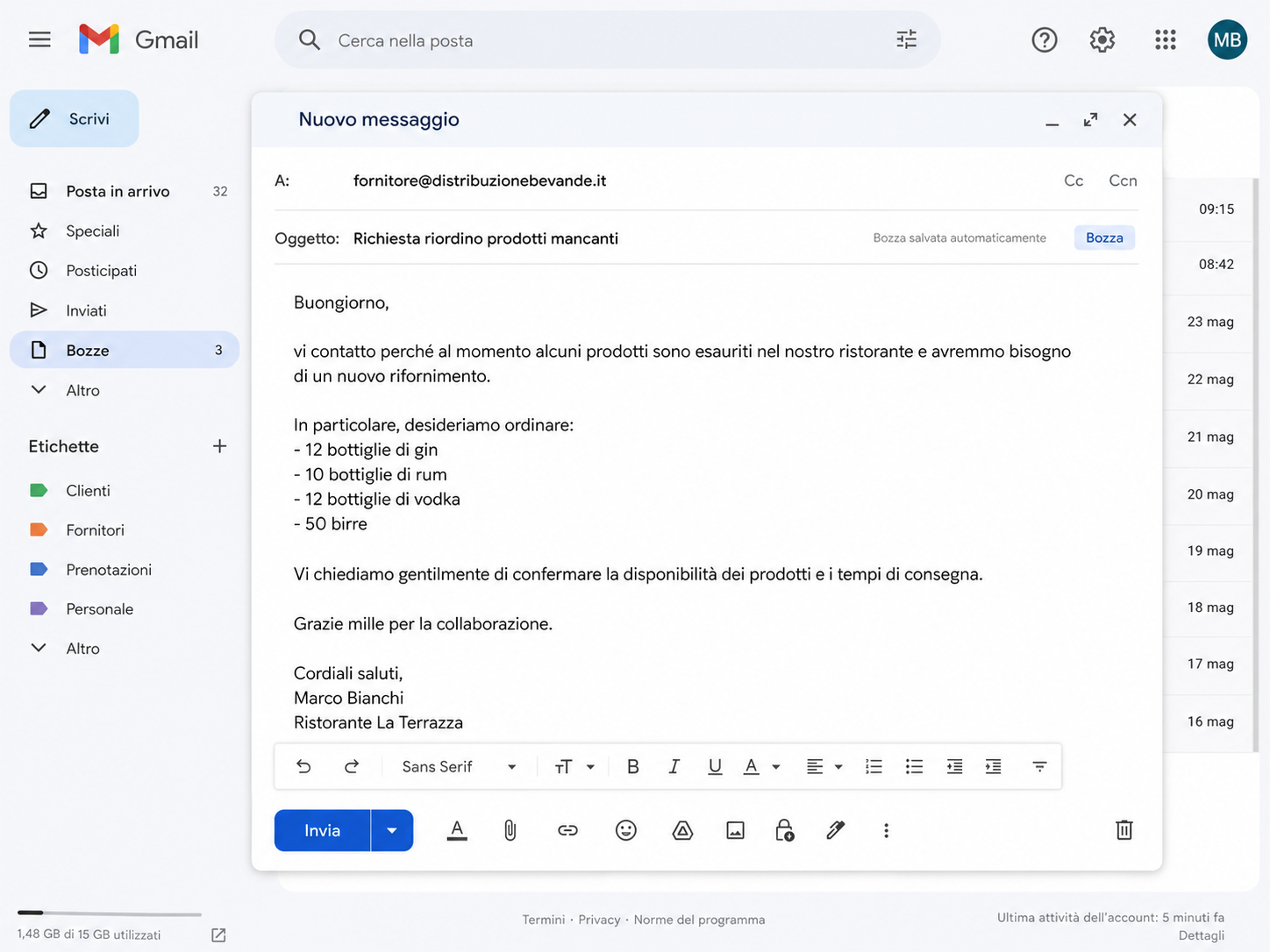 Bozza email automatica per il riordino dei prodotti ai fornitori