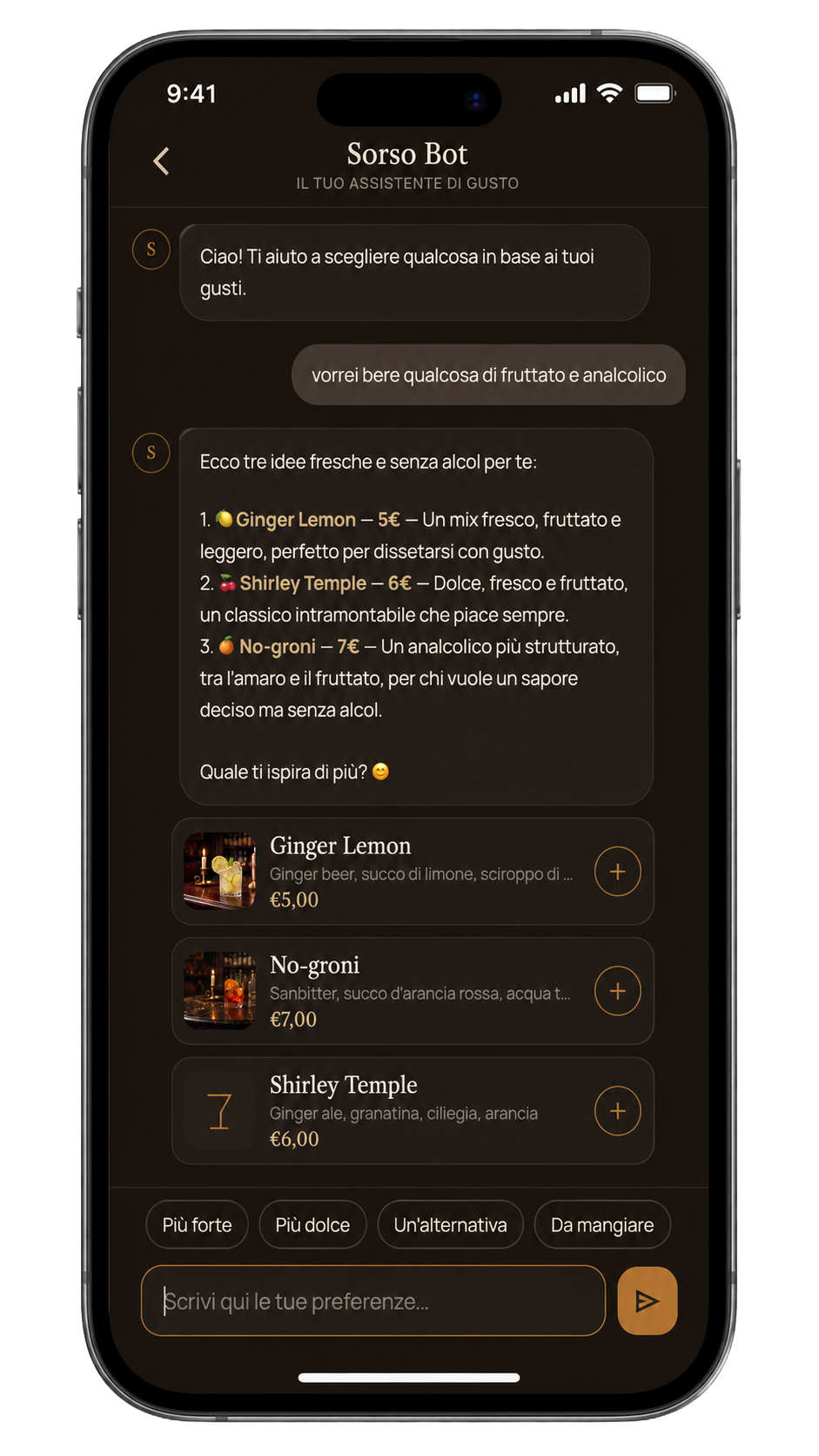 Mockup completo del chatbot cliente per la scelta delle preferenze
