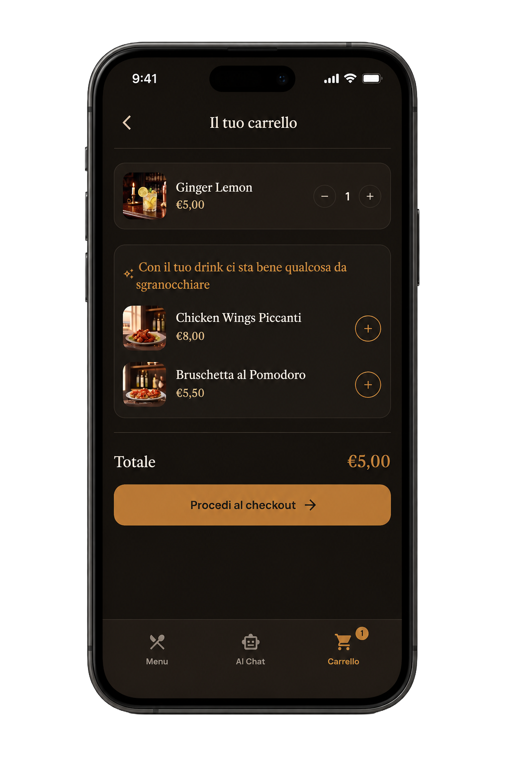 Mockup carrello cliente con suggerimenti di abbinamento e checkout